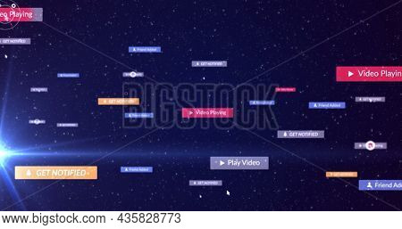 Image of cursors over social media icons and text on multi coloured banners on night sky. global social media network, digital interface and technology concept digitally generated image.