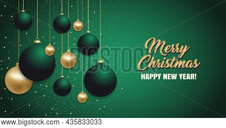 Christmas Green Background With Christmas Golden Balls. Happy New Year Decoration Bables. Elegant Xm