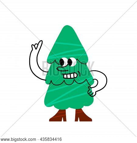 Christmas Tree. Smiling Character. Fabulous Winter Green Plant With Arms And Legs Enjoying Holiday. 