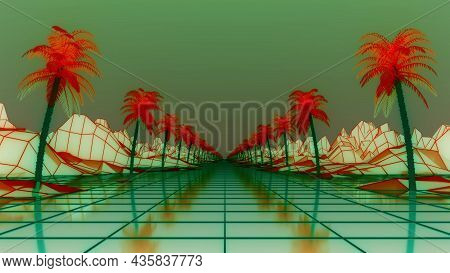 Syntwave Wireframe Net. Palm Trees Around The Road. Retrowave Landscape, 3d Rendering