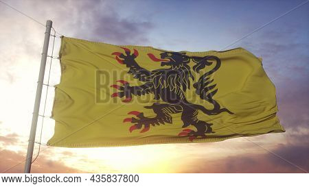 Nord-pas-de-calais Flag, France, Waving In The Wind, Sky And Sun Background. 3d Rendering