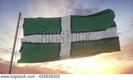 Devon Flag, England, Waving In The Wind, Sky And Sun Background. 3d Rendering