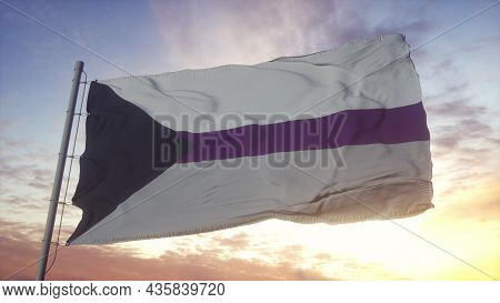 Demisexual Pride Flag Waving In The Wind, Sky And Sun Background. 3d Rendering