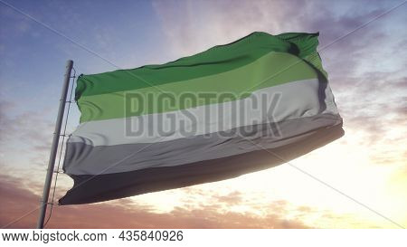 Aromantic Pride Flag Waving In The Wind, Sky And Sun Background. 3d Rendering.