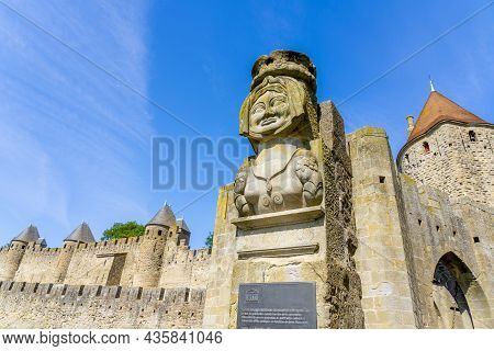 The Bust Of The Famous Lady Carcas At The Entrance Of The Citadel Of Carcassonne And In Legend The N