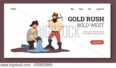 Gold Rush Website Banner With Gold Diggers And Miners, Flat Vector Illustration.