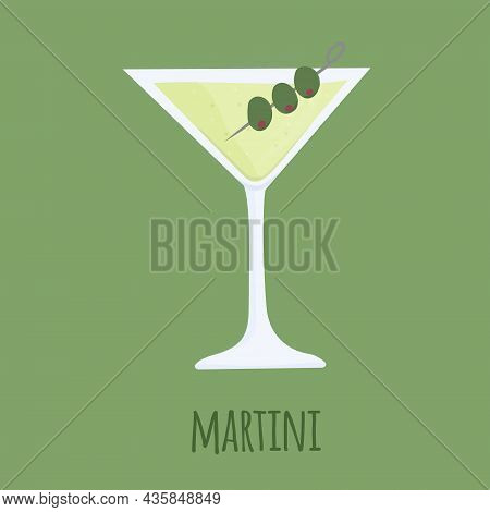 Hand Drawn Cartoon Vector Illustration Of Dirty Martini Alcoholic Cocktail. Mix Of Gin, Vermouth And