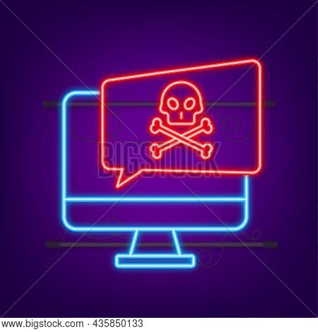 Cyber Attack. Data Phishing With Fishing Hook, Laptop, Internet Security. Neon Icon. Vector Stock Il