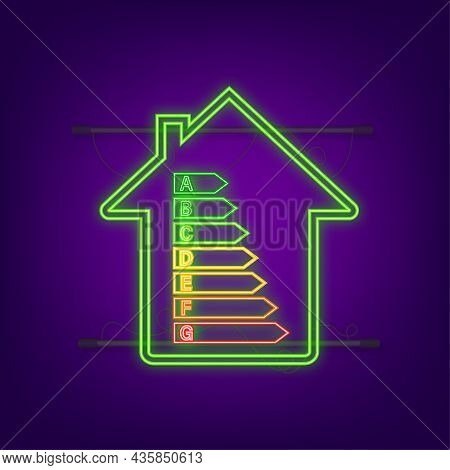 Energy Efficiency Chart And House Concept. Home Icon Vector. Solar Power. Green Home. Neon Icon. Vec