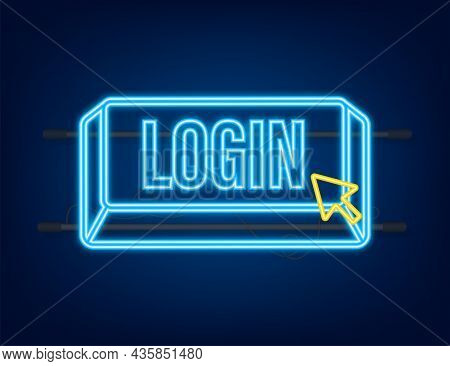 Login. Neon Icon. Web Banner. Arrow, Cursor Icon. Arrow Vector Icon. Hand Click Vector Stock Illustr