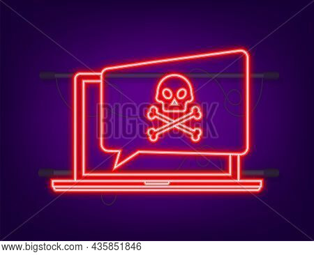 Cyber Attack. Neon Icon. Data Phishing With Fishing Hook, Laptop, Internet Security. Vector Stock Il