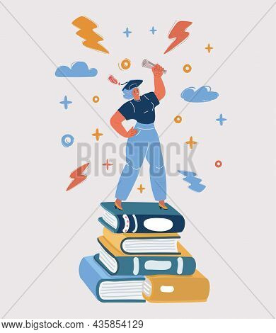 Vector Illustration Of Woman Student Cup Standing Stack Of Book. Study Character On White Background