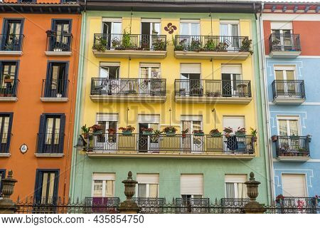 Colorful building facade in the old town of Pamplona, ??Navarra, Spain. Streets where San FermÃ­n is celebrated