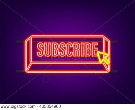 Subscribe With Cursor Button. Internet Icon. Pointer Click Neon Icon. Vector Stock Illustration