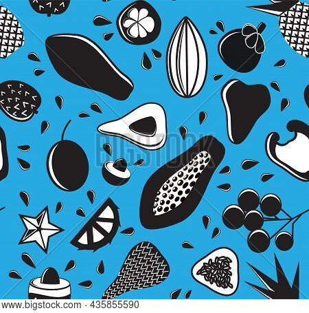 Modern Seamless Black And White Pattern With Exotic Fruits On Blue Backdrop
