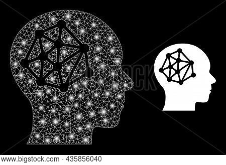 Glossy Mesh Vector Human Barin Network With Glow Effect. White Mesh, Glare Spots On A Black Backgrou