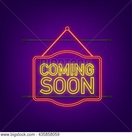 Coming Soon Neon Hanging Sign On Dark Background. Sign For Door. Vector Stock Illustration
