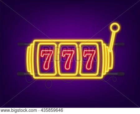 Retro Banner For Game Background Design. Winner Banner. Slot Machine With Lucky Sevens Jackpot. Neon