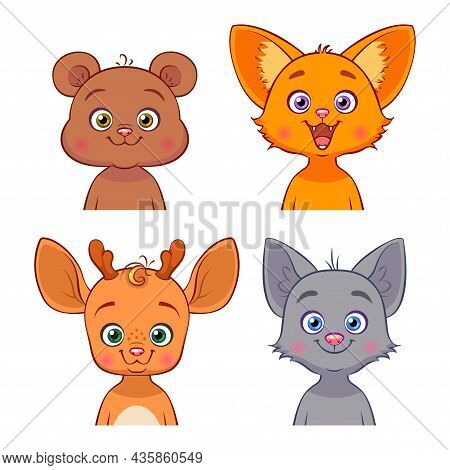 Vector Set With Forest Animals In Cartoon Style. Hand Drawn Baby Characters. Bear, Fox, Deer, Wolf.
