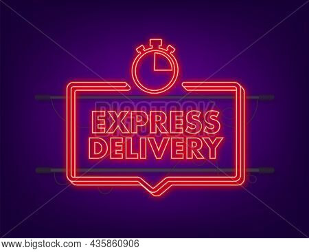 Express Delivery Service Neon Icon. Fast Time Delivery Order With Stopwatch. Vector Stock Illustrati