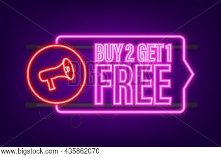 Buy 2 Get 1 Free, Sale Tag, Banner Design Template. Neon Icon. Vector Stock Illustration