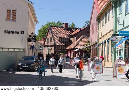 Sweden, Sigtuna - May 31 2019: The View Of A Stora Gatan In A Sunny Day, The Old Main Street On May 