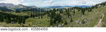 Beautiful Panorama: Stunning View Into The Wide And Open Landscape Of Alp De Siusi - Mont Seuc. Gard