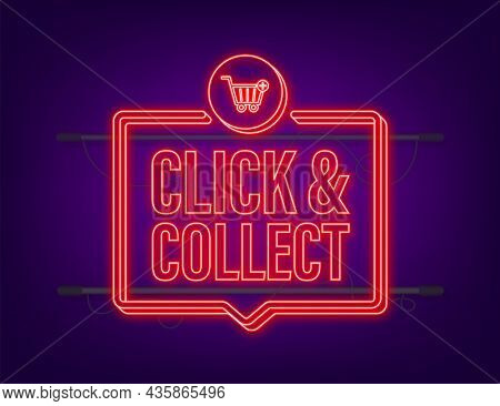 Megaphone Click And Collect Neon Banner. Flat Style. Website Vector Icon. Vector Stock Illustration