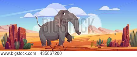 Funny Elephant Walk At Desert Landscape, Cartoon Wild Animal Character At Deserted Nature Background