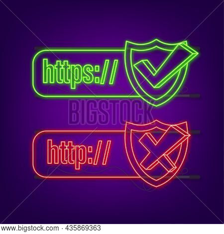 Neon Style Http And Https Protocols On Shield, On Dark Background. Vector Stock Illustration