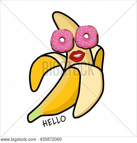 Glamorous Banana Character On A White Background. Cheerful Happy Banana With Donuts. Illustration Fo