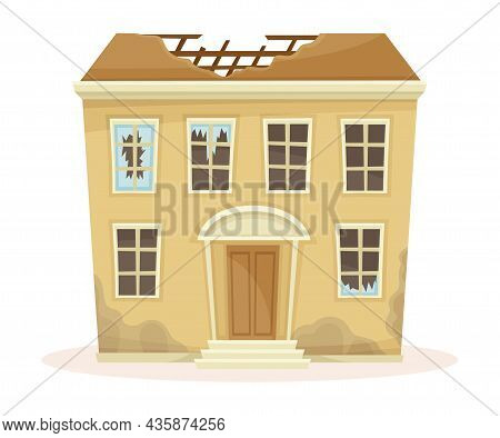 Abandoned Two Storey House With Broken Windows And Roof. Old Two Storey Building Cartoon Vector Illu