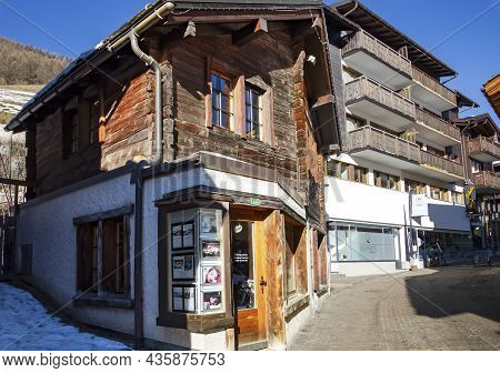 Switzerland, Saas-fee, December, 26, 2015 - Typical Old Wooden House Built In 1758 In The Charming S