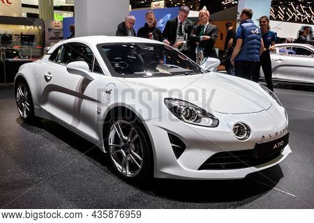Alpine A110 Sports Car Showcased At The Paris Motor Show. Paris, France - October 2, 2018.