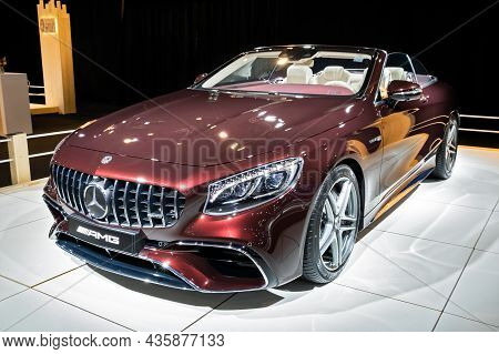 Mercedes-amg S63 Cabriolet Sports Car Showcased At The Autosalon 2020 Motor Show. Brussels, Belgium 