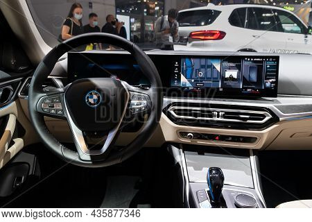 Interior View Of The Bmw I4 All-electric Gran Coupe Car Showcased At The Iaa Mobility 2021 Motor Sho