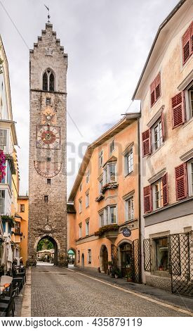Vipiteno,italy - July 14,2021 - View At He Dodici Tower In The Streets Of Vipiteno. Vipiteno Is A Co