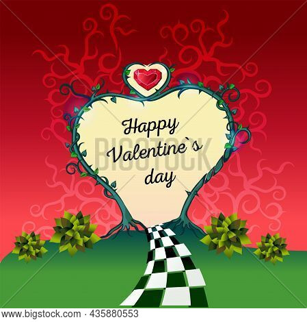 Alice In Wonderland Heart Gate Frame With Text. Vector Illustration.