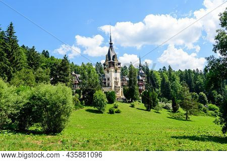 Beautiful Neo-renaissance Building Of Peles Castle (castelul Peles) Near Bucegi Mountains (muntii Bu