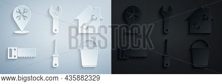 Set Screwdriver, House Repair, Hand Saw, Bucket, Adjustable Wrench And Location With Icon. Vector