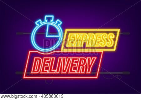 Express Delivery Service Neon Icon. Fast Time Delivery Order With Stopwatch. Vector Stock Illustrati