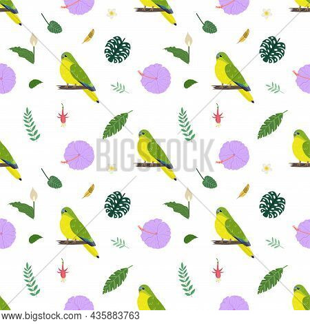 Seamless Pattern With Grass Parrots Neophema, Tropical Leaves And Flowers. Cute Baby Print For Fabri