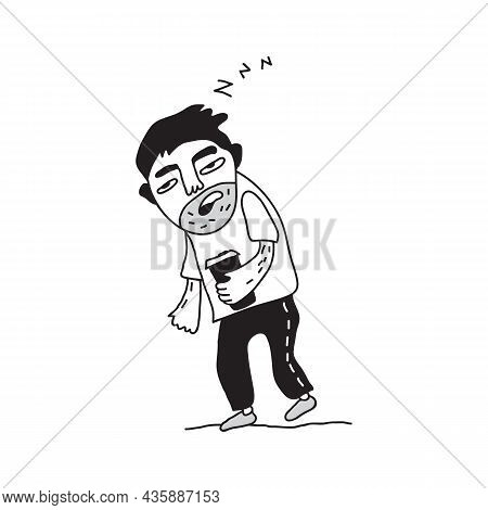 Tired Man Goes To Work With Coffee To Go. Insomnia Man Concept. Vector Illustration. Flat Design Ele