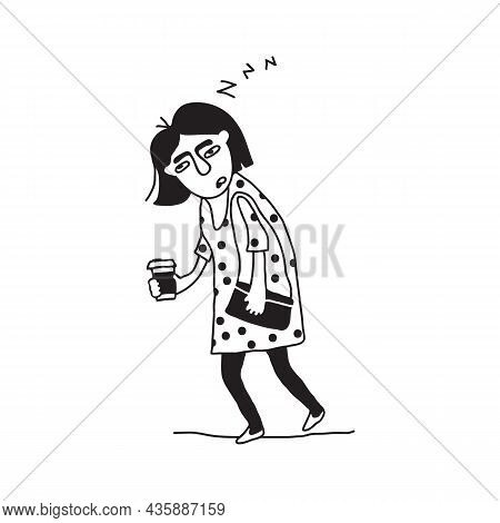 Tired Woman Goes To Work With Coffee To Go. Insomnia Man Concept. Vector Illustration. Flat Design E