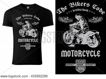 Black T-shirt Design With Motorcyclist And Inscriptions - Graphic Design For Printmaking T-shirt Or 