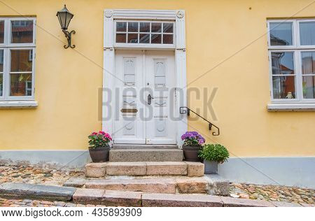 White Front Door In A Historic House In Viborg, Denmark