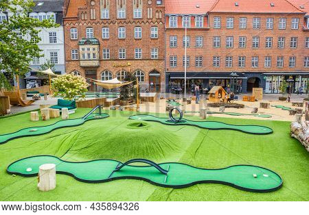 Viborg, Denmark - September 02, 2021: Miniature Golf Course On The Central Market Square Of Viborg, 