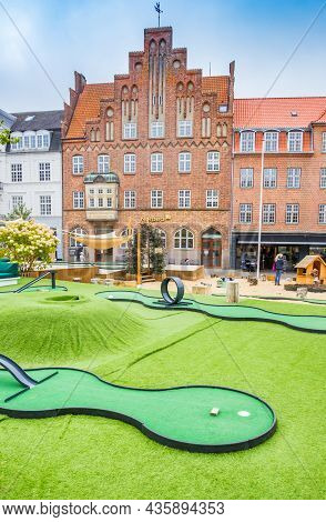 Viborg, Denmark - September 02, 2021: Miniature Golf Course On The Central Market Square Of Viborg, 