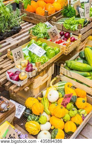 Viborg, Denmark - September 02, 2021: Fresh Vegetables And Fruit On The Street In Viborg, Denmark