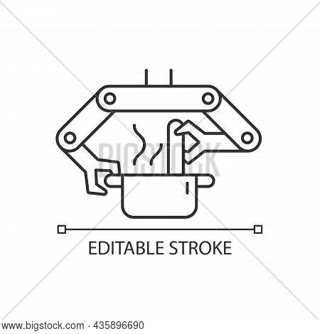 Cooking Robots Linear Icon. Robotic Kitchen. Automatic Restaurant Meals Making. Robotic Chef. Thin L